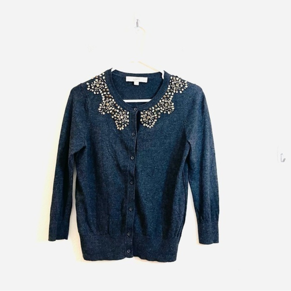 Ann Taylor Loft Cotton Blend Jewelry Embellished Cardigan Size SP Dark Gray